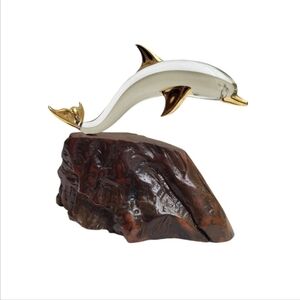 Glass Baron Dolphin 22k Gold Figurine on Burl Wood Base